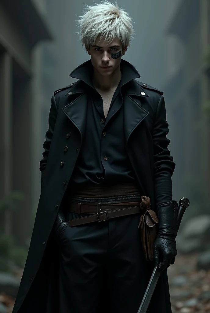 Young man, short white hair with a few black strands, bandage covering the left evil eye, wearing black long sleeve shirt, black pants, black gloves, black long hooded coat, Sword hanging on left hip, small pouch on right hip.