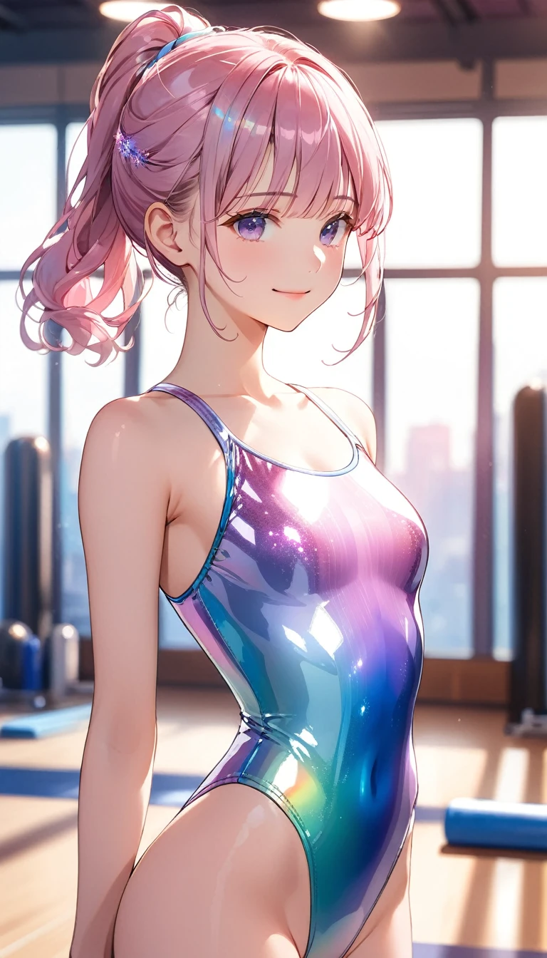 highquality illustration, masterpiece, very delicate and beautiful, attractive girl,(gymnastics leotard,long sleeve leotard with glittery decoration,high_leg leotard,athletic leotard,tight-fit leotard,iridescent gradient leotard,long sleeve leotard),thin,slender body,slim,high school,gymnasium background,gymnastics club,gymnastics athlete,princess, beautiful eyes,light smile,(masterpiece, best quality:1.2), highres, extremely detailed CG unity 8k wallpaper, perfect lighting, Colourful, ultra-high res,4K,ultra-detailed, photography, 8K, HDR, 17 ages,cowboy shot,