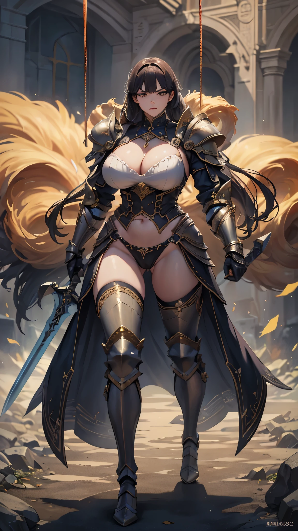 (masterpiece, 4K ,Super detailed:1.2), (anime:1), (Perfect quality), (((Adult body))), ((Swinging a big sword, Combat Ready)), The whole body is shown, Looking at the viewer, Big body, Gladiator、armor, Heavy equipment, A look of contempt