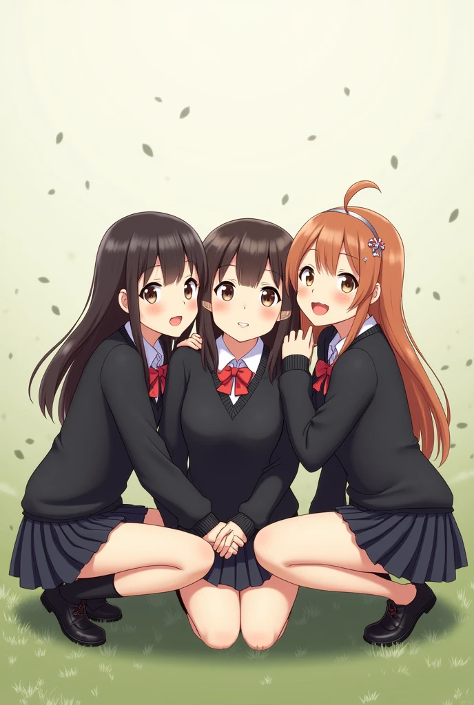 Group of school girls in black skirts and black short sweaters crouching smiling in anime