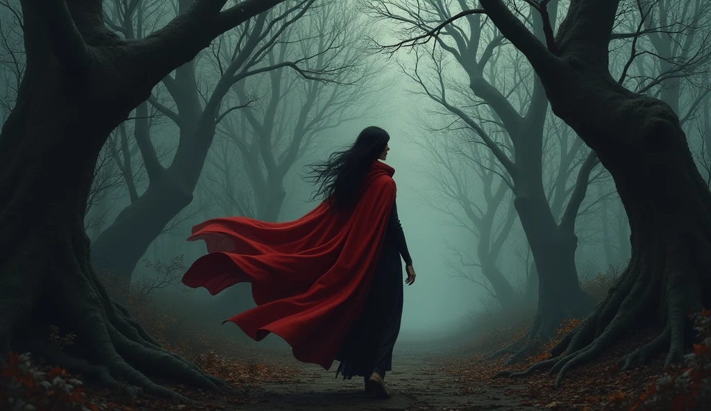 a one woman, with long black hair, wearing a red cape, walking through a dark and gloomy forest