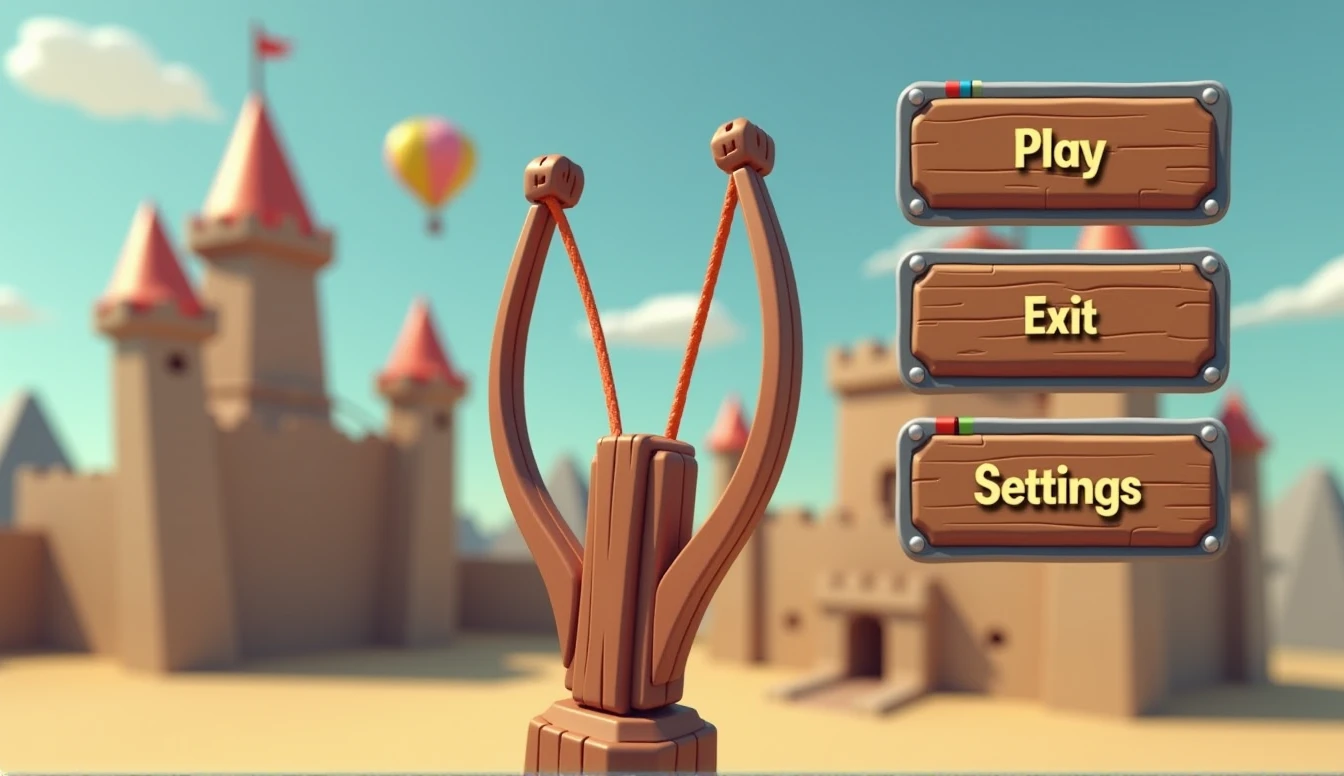 A user interface for a game with a resolution about a slingshot and the castles into which it throws projectiles. 3d shapes in low poly style. The buttons - Play, Exit, Settings - are in wooden colors with a metal frame.  