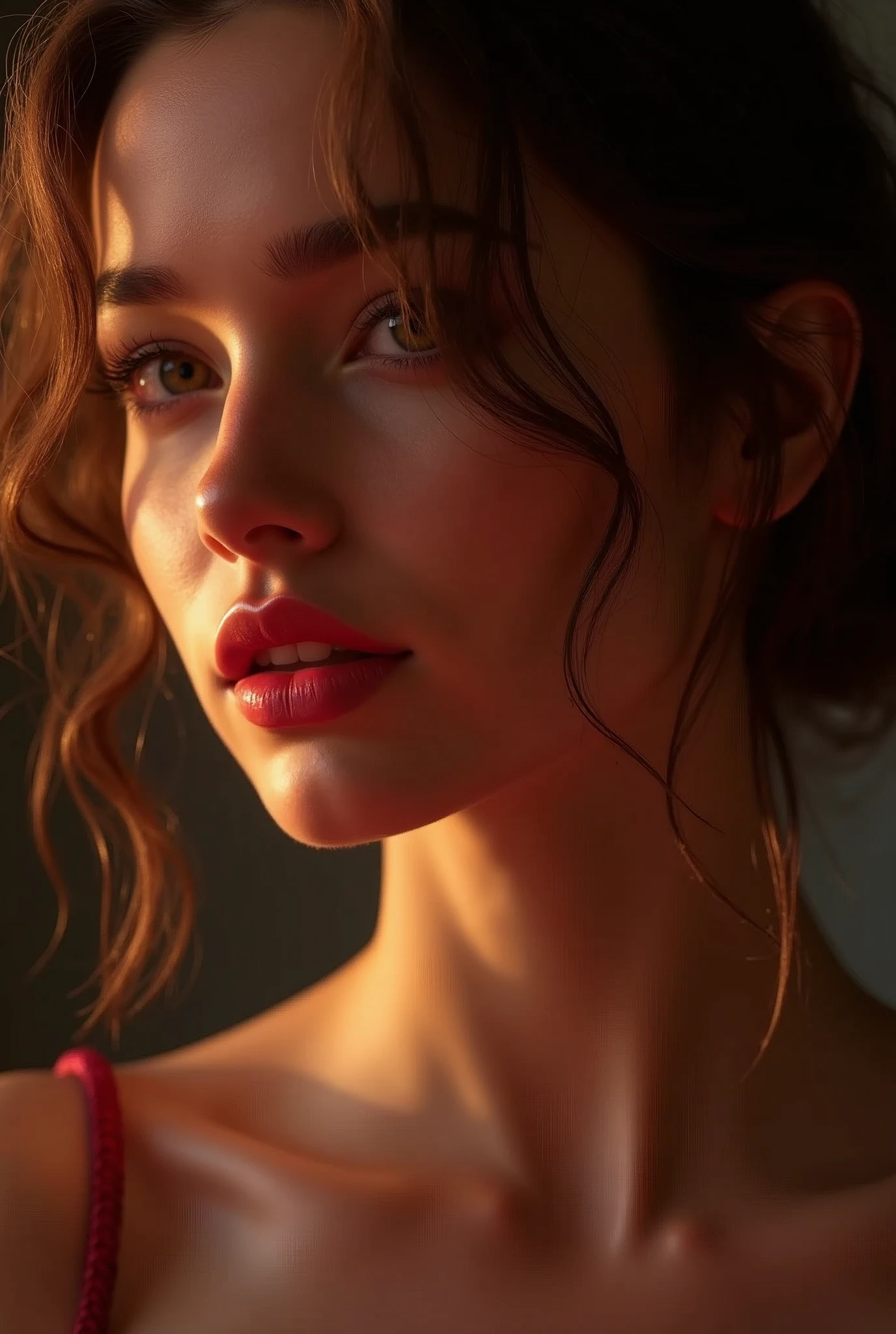 (best quality, ultra-detailed, photorealistic: 1.39), bright and vibrant colors, studio lighting, romantic expression, Just a girl Beautiful , Beautiful medium breasts, detailed skin, perfect lips, red lips, just a girl in love, cinematic lighting