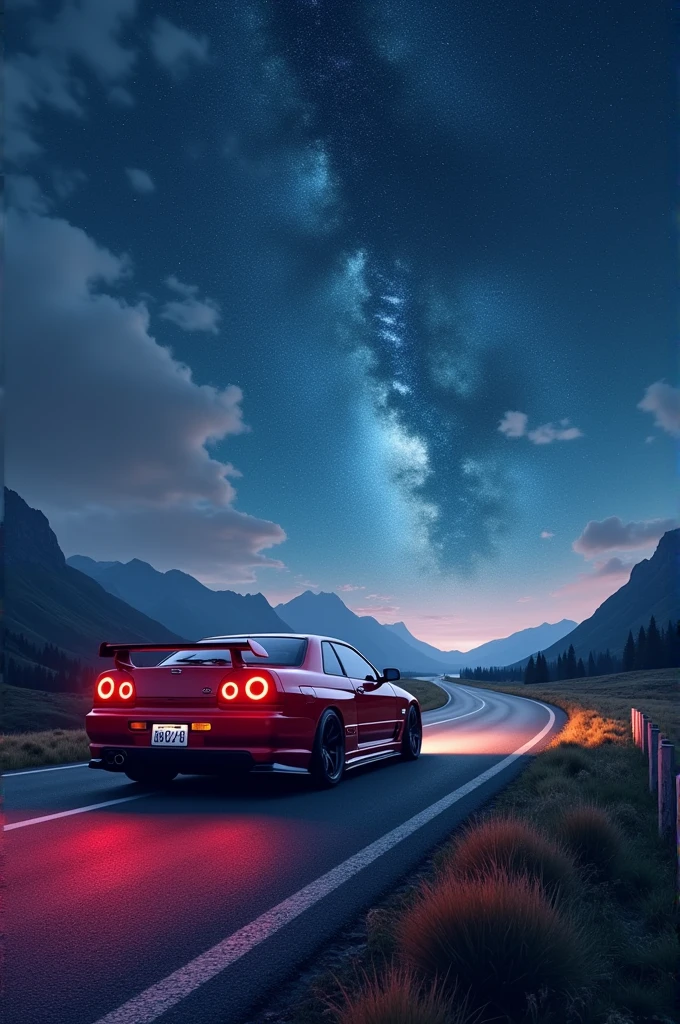 Make me a realistic Nissan skyline on a road with a very beautiful landscape and a starry sky