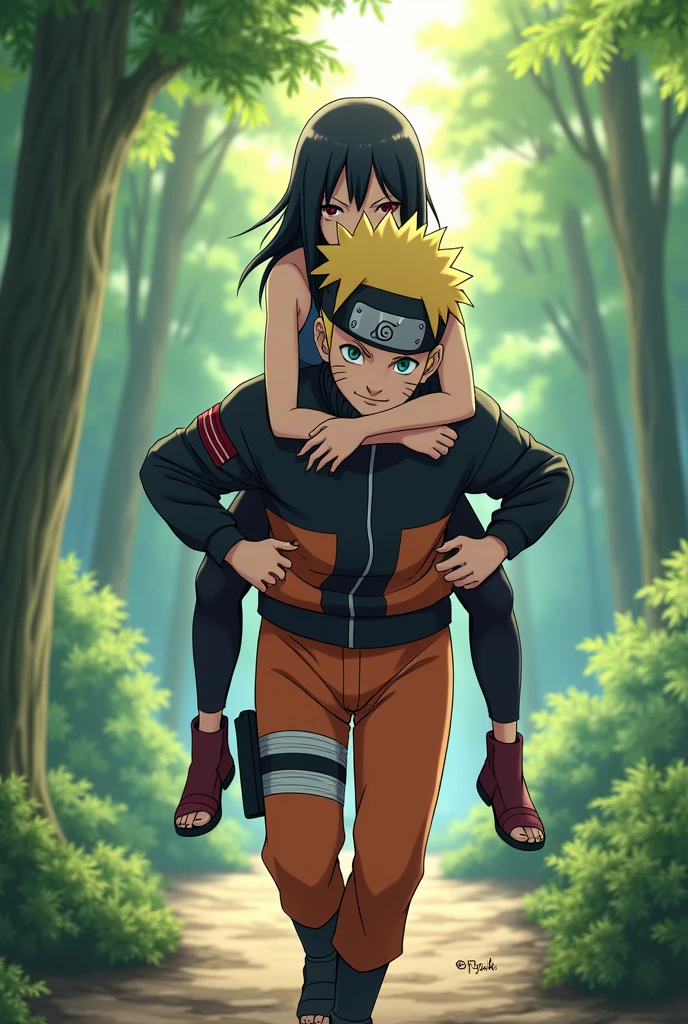 Naruto carrying Satsuki Uchiha on his back