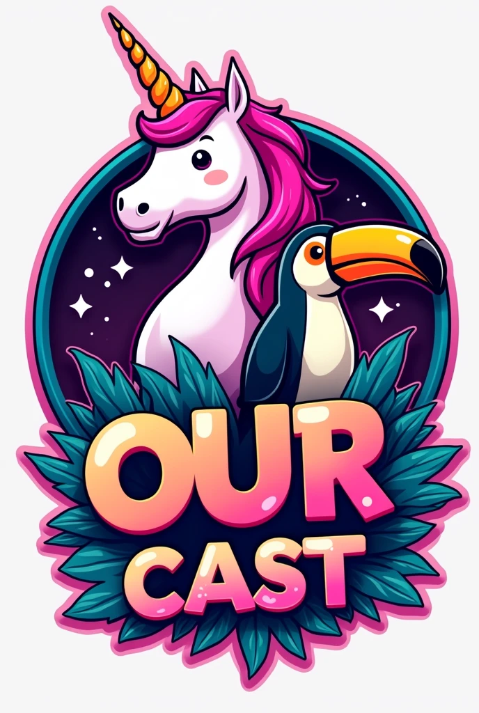create a podcast logo image with the name "OUR CAST" with flashy colors and a pink unicorn mascot and a penguin and a horny tropical toucan