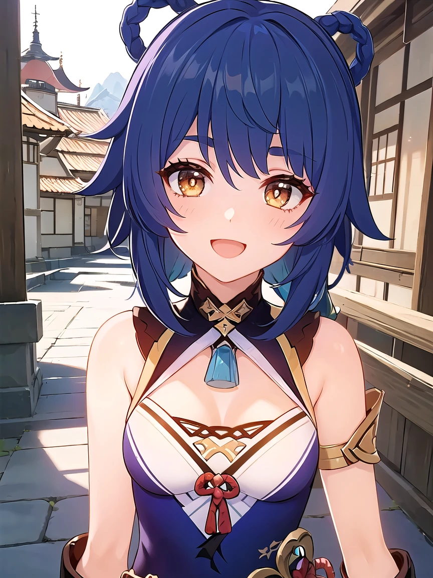 ((masterpiece, best quality)),high resolution,ultra detailed,8k,16k,detailed background, perfect lighting, 1girl,solo,look at viewer,from front,upper body,:d,:
xiangling \(genshin impact\),hair ring