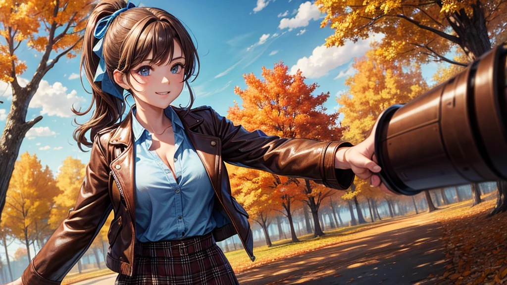 1girl, solo, trees, sun, clouds, autumn, colorful trees, falling leaves, ((brown hair)), ponytail, large breasts, ((brown leather jacket)), button down shirt, ((blue checked shirt)), ((unbuttoned shirt)), unbuttoning buttons, cleavage 1:3, blue eyes, long skirt, brown boots, smile, happy, looking at the viewer, walking, hair ribbon, golden necklate