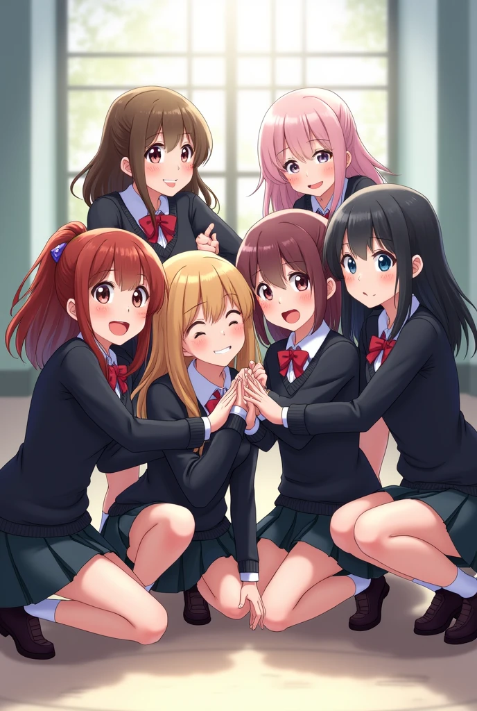 Group of school girls in black skirts and black short sweaters crouching smiling in anime