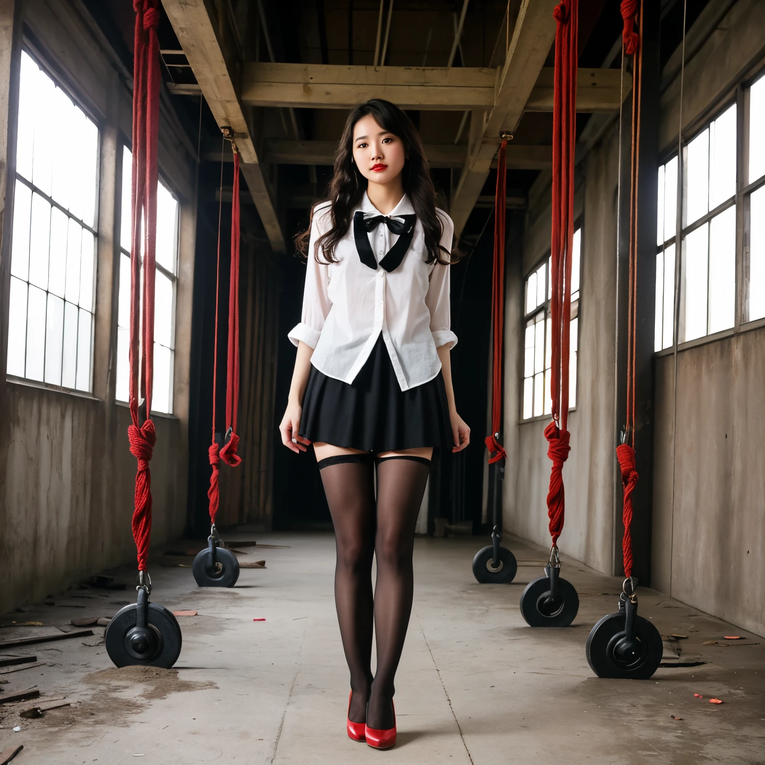 (best quality,4k,highres,masterpiece:1.2),ultra-detailed,realistic,bondage,Japanese girls,suspended,knees tied,open legs,on Japanese-style toilet bowl,portraits,vivid colors,studio lighting, gangbanged