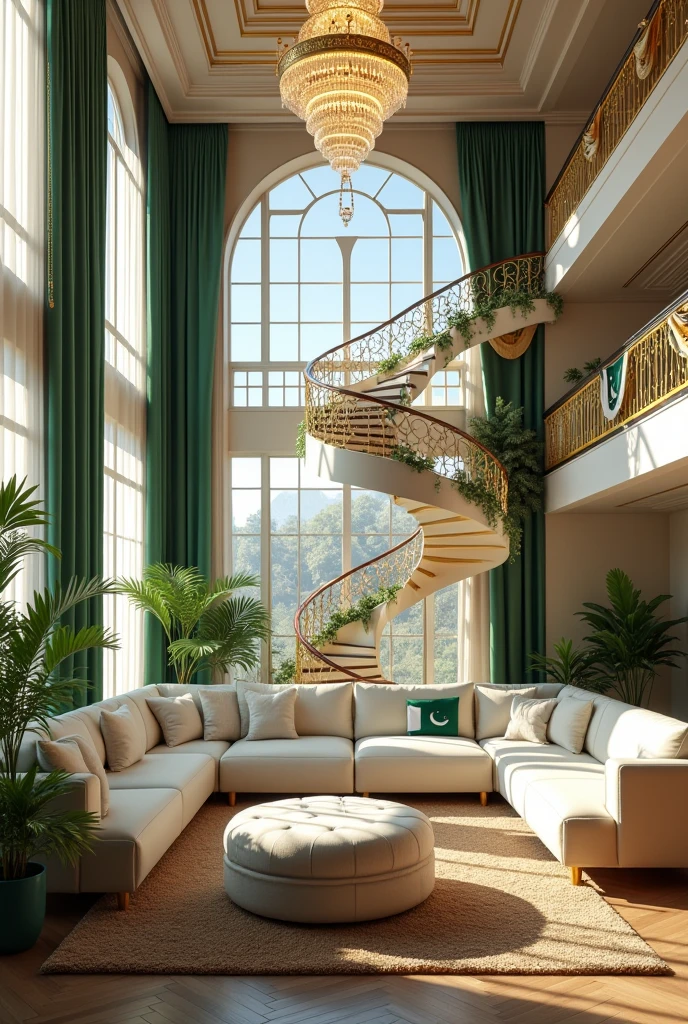 "An opulent, double-height living room with a stunning crystal chandelier cascading from a sculpted ceiling, casting a warm, elegant glow. The centerpiece is a grand spiral staircase with gold-trimmed railings, leading to a mezzanine. Floor-to-ceiling windows flood the room with natural light, reflecting off the plush white sectional sofa and a tufted ottoman on a rich, textured rug. In celebration of 14th August Pakistan Day, the room is exquisitely decorated with emerald green and pristine white accents—silk banners drape gracefully, delicate fairy lights entwine the staircase, and elegant Pakistani flags are tastefully placed, creating a seamless blend of luxury and patriotic grandeur."