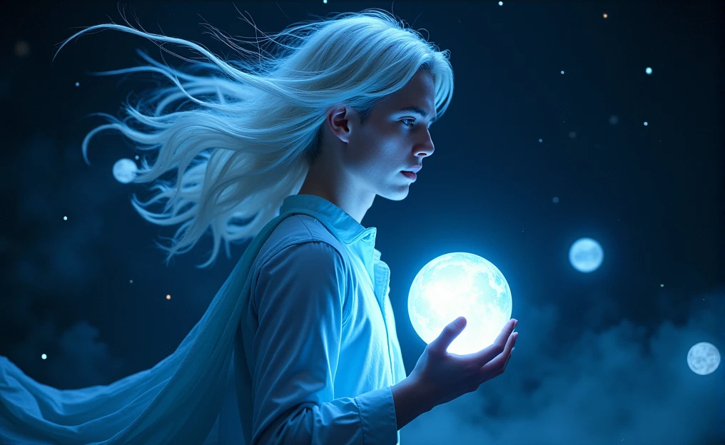 The image depicts a young man with flowing white hair that seems to float in space. The scene is predominantly illuminated in blue tones, highlighting his hair and skin. He is holding a glowing orb, which appears to be a representation of a moon or a small planet. Surrounding him are other smaller orbs, floating like planets in a solar system. The background is dark, resembling space, with specks of light suggesting stars or cosmic energy. The artwork has a fantastical or surreal style, with a focus on light and color to create a magical and mysterious atmosphere.
