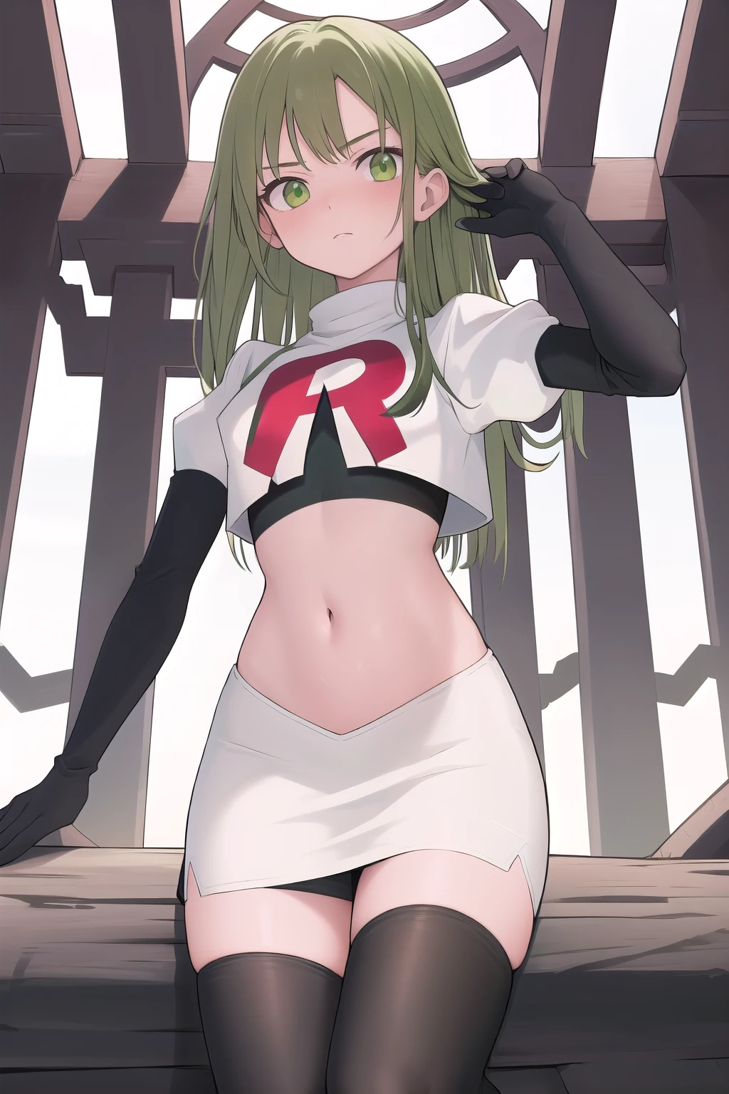 masterpiece, best quality, 1girl, solo, looking at viewer, blush, sitri, green eyes,green hair,team rocket,team rocket uniform,white skirt,red letter R,crop top,black thigh-highs,black elbow gloves