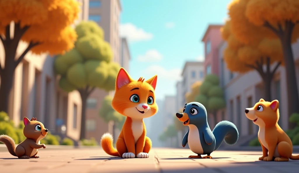 "Illustrate the cat meeting and making friends with various city animals like pigeons, squirrels, and friendly stray dogs. The animals are welcoming and friendly."3d animated disney inspired