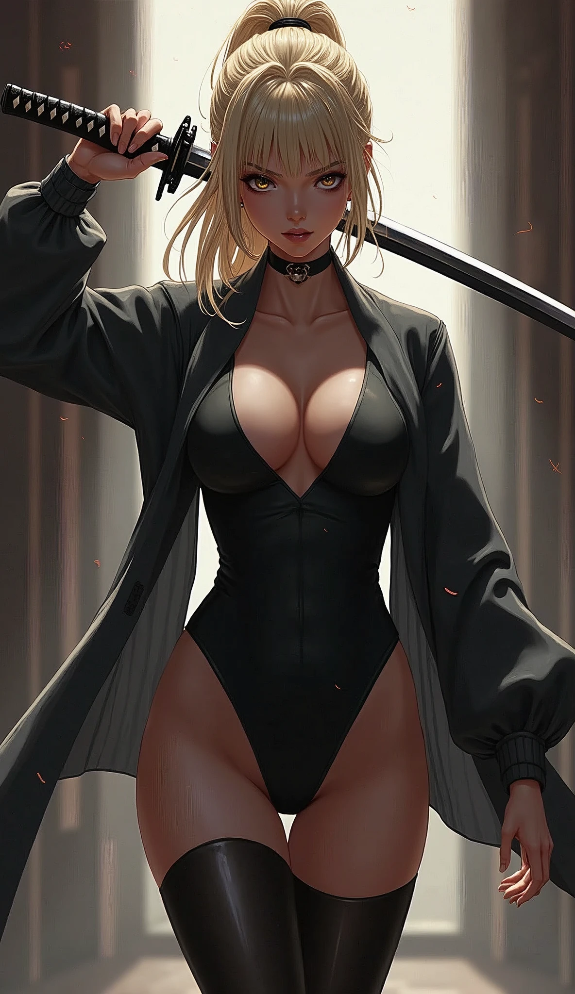 (masterpiece),(Highest quality),(High resolution),(Super detailed),8k,wallpaper,(Best illustrations),(One Woman),(front:1.6),(blonde),(ponytail),( black high leg bodysuit),(See-through tights),(boots),(((Prepare for battle:1.6,Hold a Japanese sword in a cool position:1.6))),((Look here:1.6)),(Serious),(darkness:1.6),(Beautiful Face,Beautiful Skin,Big Breasts,Thick thighs,Functional,Voluptuous),(Beautiful female hands:1.6),(Detailed hands:1.6)
