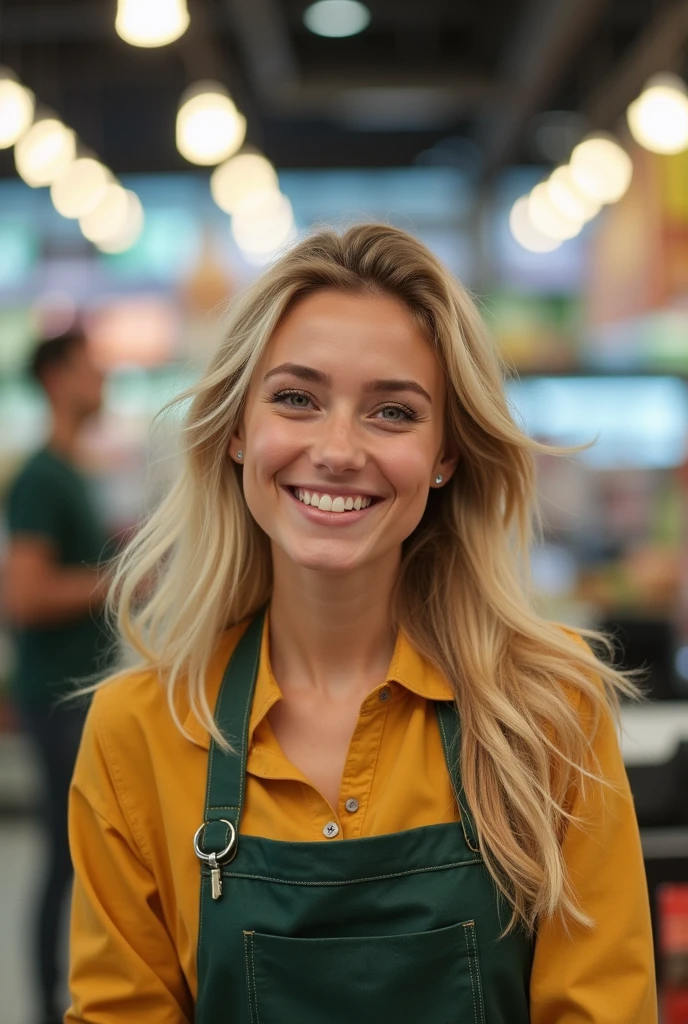 A photo of a blonde girl who worked as a geography teacher at a school but is now a supermarket cashier and is now very happy. Show that she is a cashier. Show that it was geography. 