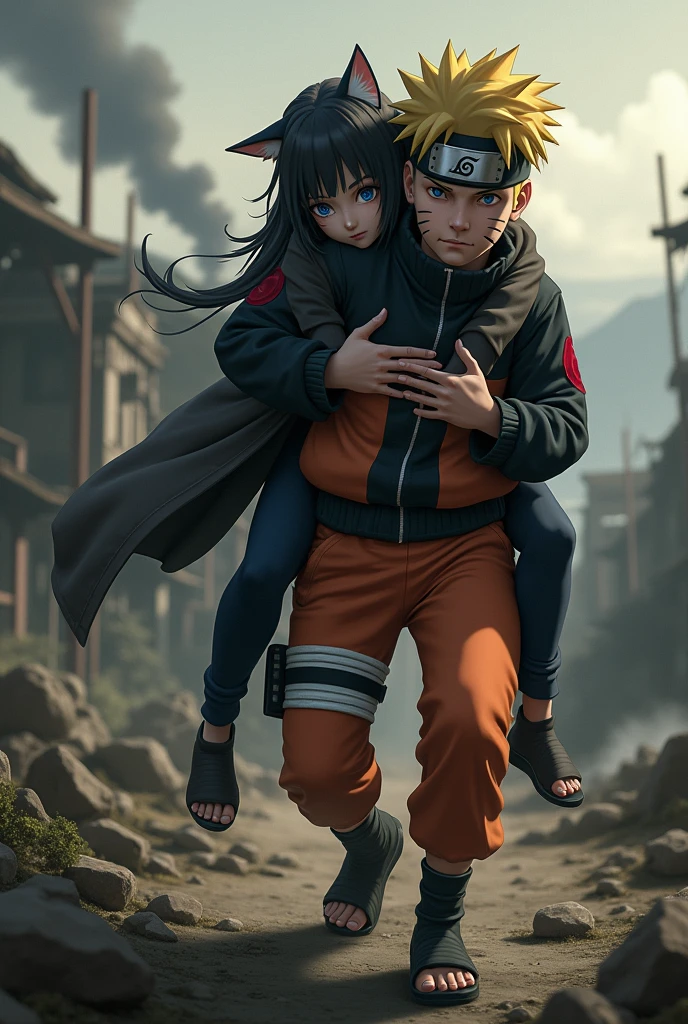 Naruto carrying Satsuki Uchiha on his back