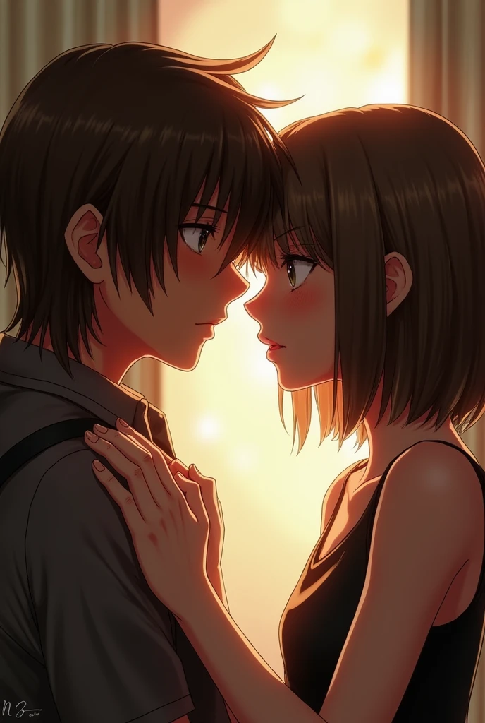 a boy, with long brown straight hair. looking with mesmerizing eyes, a girl with brown short hair, which is coming till her neck, with a rebellious vibe. make it look very intimated and realistic with highlights.