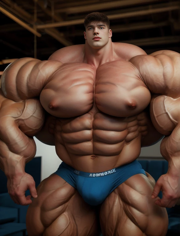 1boy, giant, giant bodybuilder, illuminating light, strong body, bulk, large size, standing in whiet photo studio, indoor, nude, blue triangular underwear with enormous bulge, extraordinary big, brutalmass, giant muscular body, bulk, buff, massive body, large meaty body size, extremely wide body