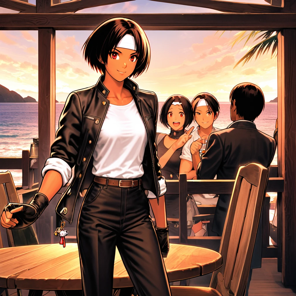 One person,woman,Holding hands/Fist,Aerial view,short hair,Dark Hair,Dark Skin,Red eyes,(black jacket with sleeves rolled up),Fingerless gloves,White T-shirt, (White headband),Black trousers,White shoes,Brown belt,cute,Indoor Party,Charm Points,Ocean View,Slightly large chest,Outdoor,high quality,good looking,A confident smile,Dining with friends on the terrace,Vibrant atmosphere,Crouching