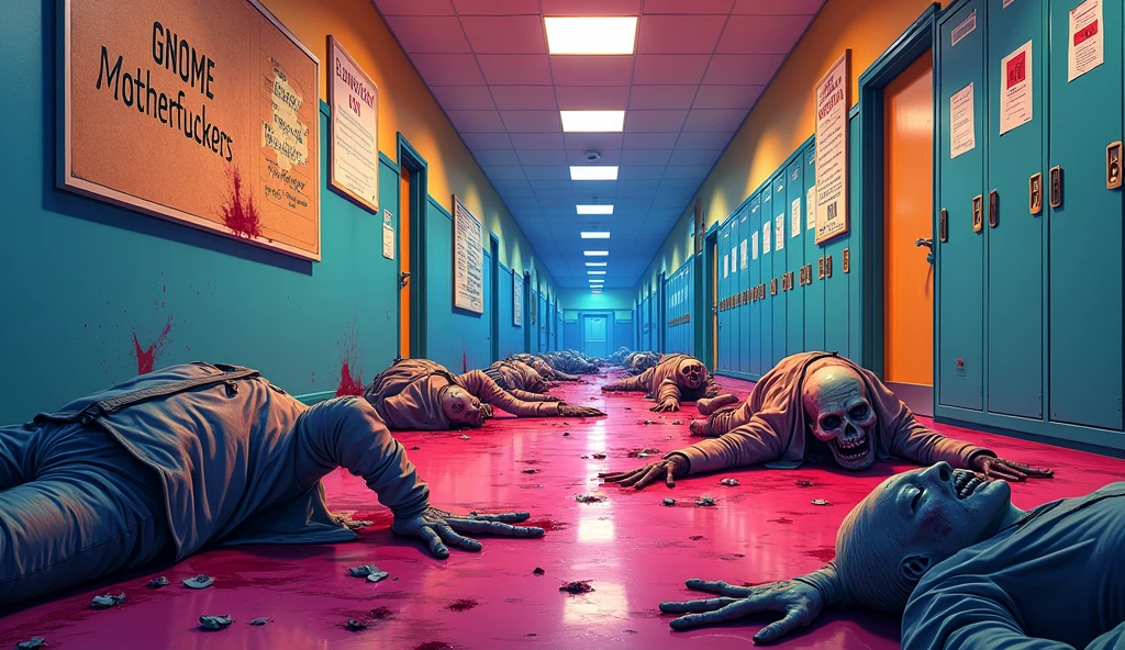 an school corridor with bright colors, and some corpses of zombies, on a wall there is a board that writes "GNOME Motherfuckers", anime style