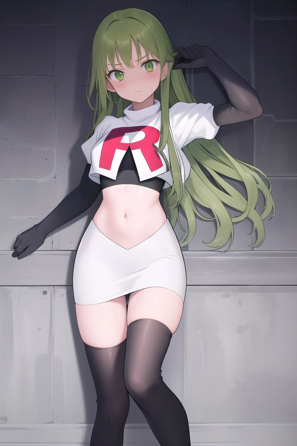 masterpiece, best quality, 1girl, solo, looking at viewer, blush, sitri, green eyes,green hair,team rocket,team rocket uniform,white skirt,red letter R,crop top,black thigh-highs,black elbow gloves