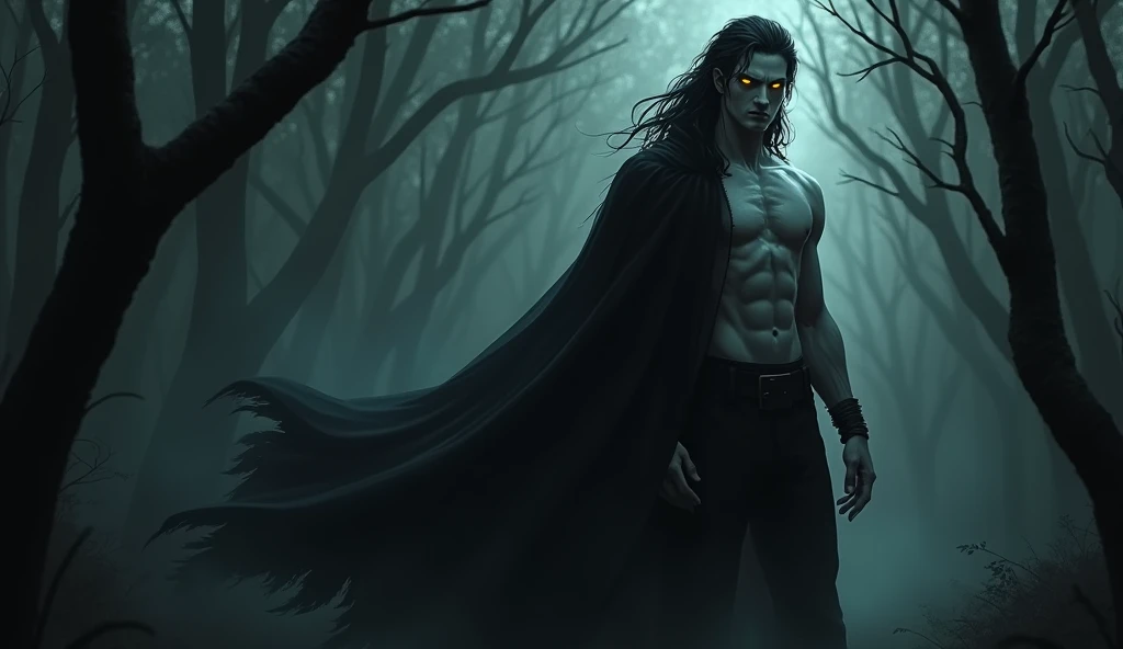 beautiful white man, with black hair, bright yellow look, that stands out in the darkness of the forest, with a muscular and strong body, wearing a black cape, with chewed and square jaws, profile image, he is partially surrounded by total darkness, you can only partially see your body because of the shadows