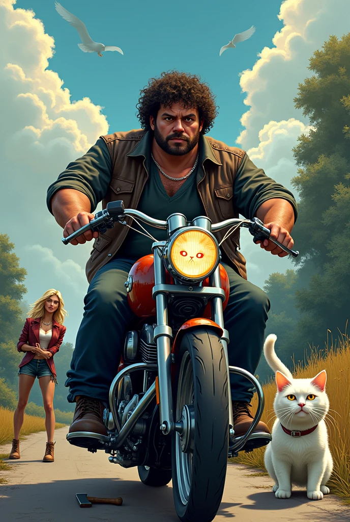 dark man,curly hair,, Harley Davidson,white cat with orange face in eye,blonder woman,Roadside,glad,strong fat,cartoon, adventure, ax 