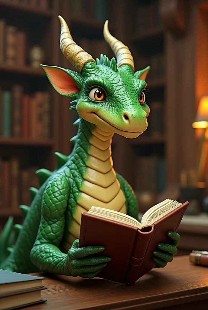 Create me a green college dragon thinking with a book in hand, the dragon that has a human complexion
