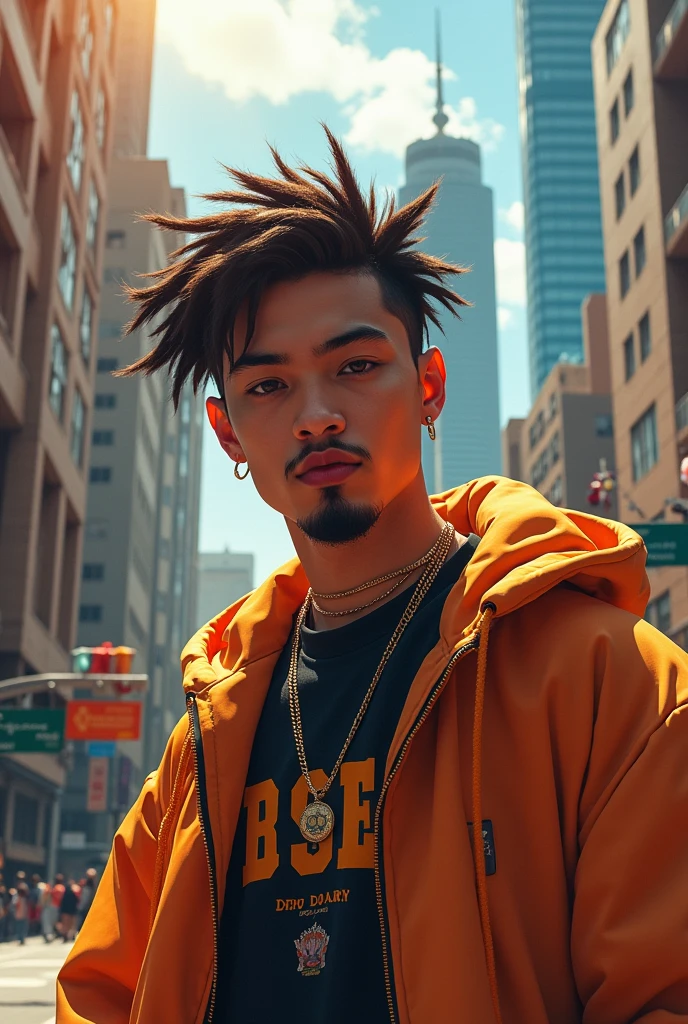 Asian Brazilian Rapper, goatee, trap rap cd cover ( sunny day outdoors) urban scenery