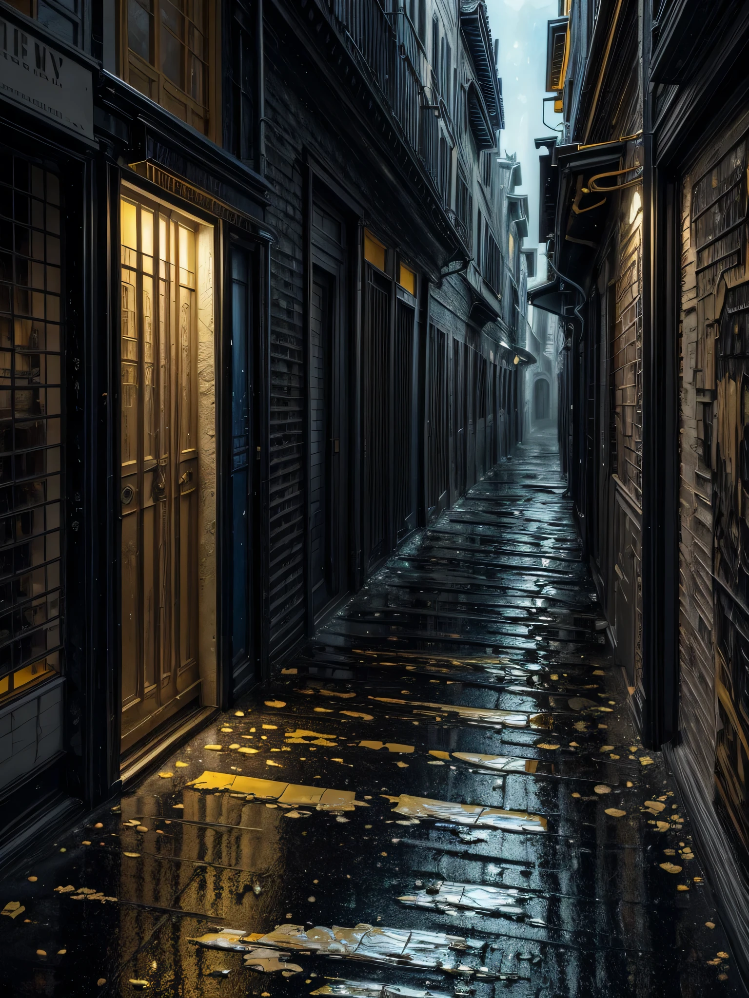 High relief with plaster oil painting made by Jermy Mann at an alley on a nightmare pretty surreal at night, deep grey and black blue and golden yellow, 4D, 8K, photorealistic, dreamlike, big and complex composition storytelling, masterpiece, Impressionism