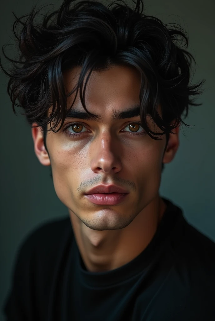 handsome with cool face, black ramdom hair
 