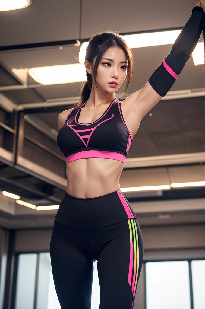 A beautiful, tall, muscular woman with a dynamite body, perfect figure, and stunning good looks, wearing tight leggings, teaching an aerobics class, 4K HDR, ultra-detailed, photorealistic, dramatic lighting, vivid colors, professional photography