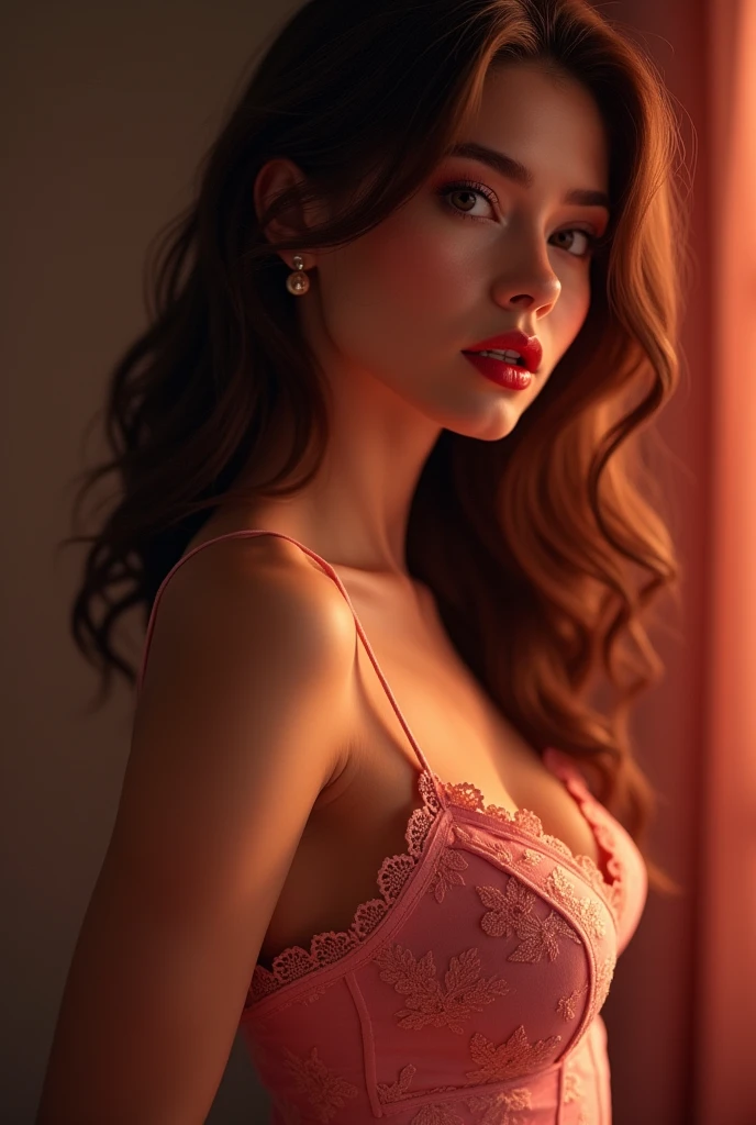 (best quality, ultra-detailed, photorealistic: 1.39), bright and vibrant colors, studio lighting, romantic expression, Just a girl Beautiful spaghetti strap dress, dress with lace details, Beautiful medium breasts, detailed skin, perfect lips, red lips, just a girl in love, cinematic lighting