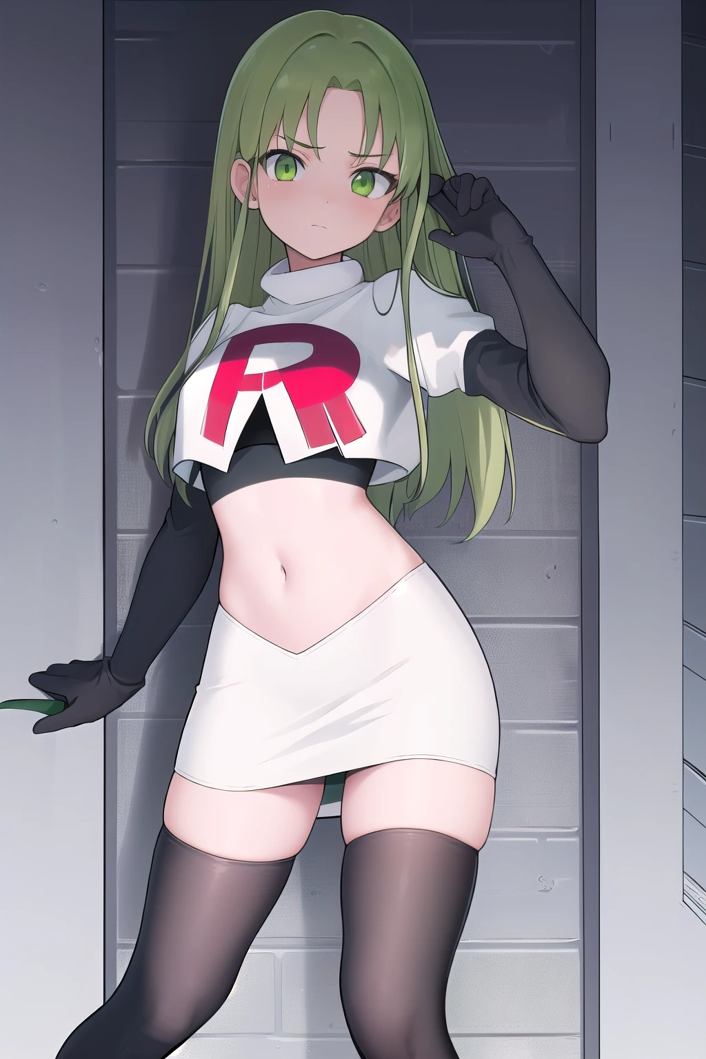 masterpiece, best quality, 1girl, solo, looking at viewer, blush, sitri, green eyes,green hair,team rocket,team rocket uniform,white skirt,red letter R,crop top,black thigh-highs,black elbow gloves