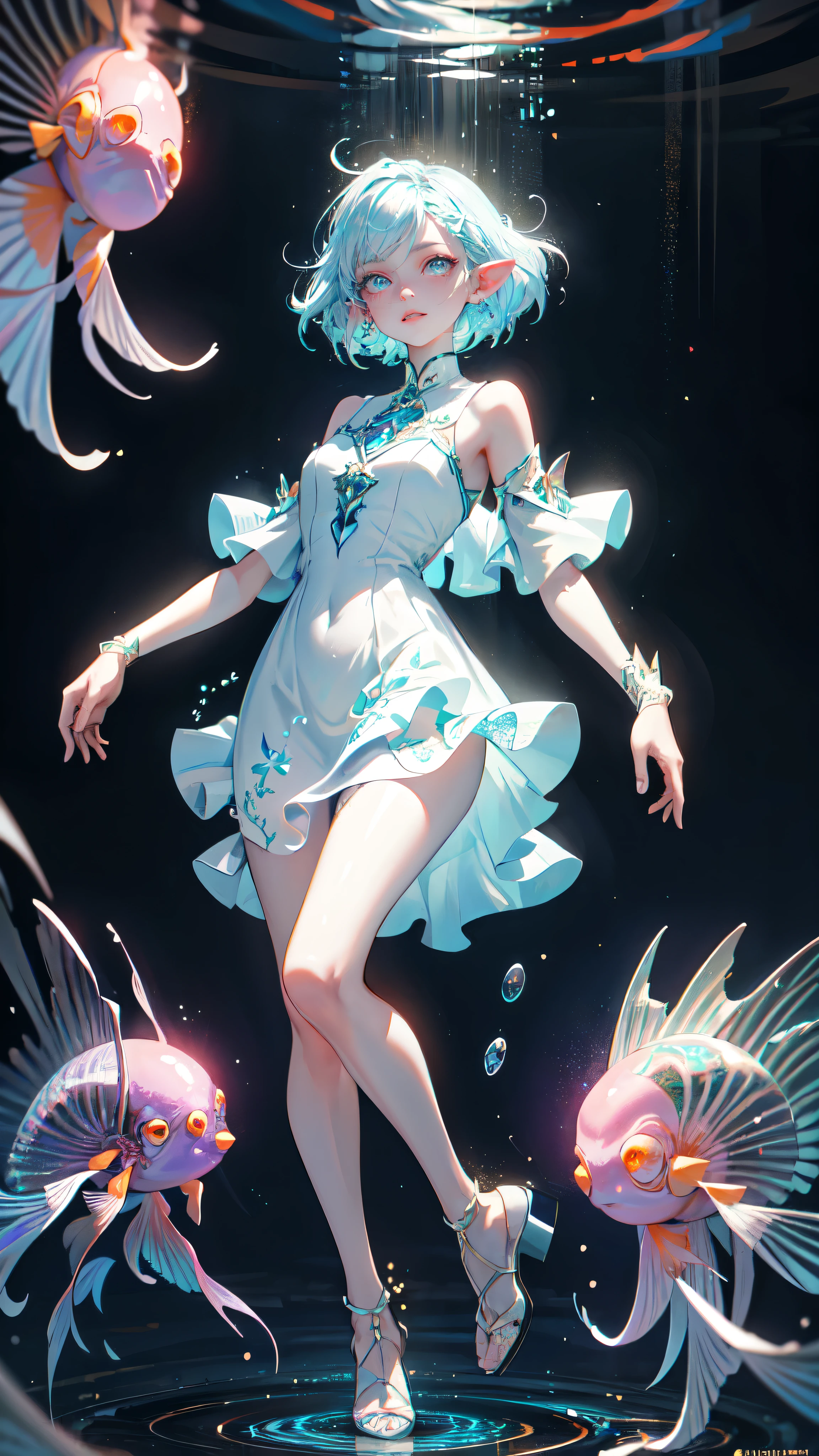 1girl,Wearing a dress,Fantasy dresses,complex dress,dynamicposes,In a mysterious underwater space,Colorful world,jelly fish,The fish,Magical aquatic creatures,with light glowing,
Detaile eyes, detailed face, detailed hands, elf woman, full body
absurderes, unbelievable Ridiculous, Ultra-detailed, A high resolution, Extremely detailed,
best qualtiy,tmasterpiece,Artistically,fanciful,C4D render,