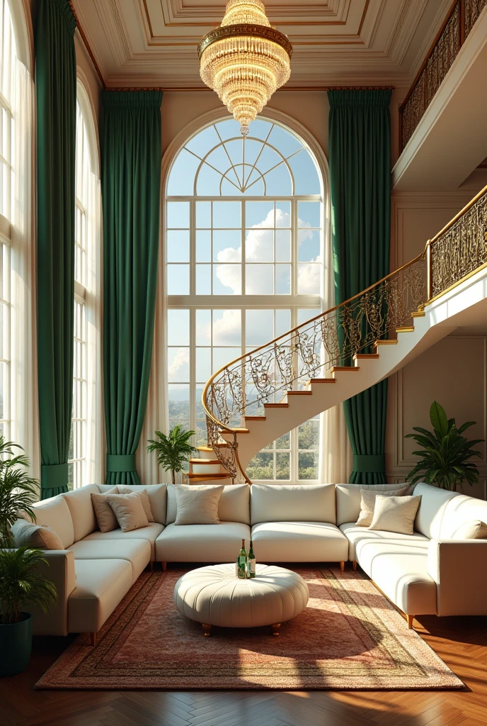 "An opulent, double-height living room with a stunning crystal chandelier cascading from a sculpted ceiling, casting a warm, elegant glow. The centerpiece is a grand spiral staircase with gold-trimmed railings, leading to a mezzanine. Floor-to-ceiling windows flood the room with natural light, reflecting off the plush white sectional sofa and a tufted ottoman on a rich, textured rug. In celebration of 14th August Pakistan Day, the room is exquisitely decorated with emerald green and pristine white accents—silk banners drape gracefully, delicate fairy lights entwine the staircase, and elegant Pakistani flags are tastefully placed, creating a seamless blend of luxury and patriotic grandeur."
