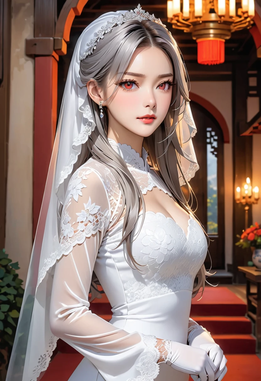 masterpiece, best quality, hd, high resolution, (1 girl), ((cold demeanor)), ((straight face)), ((closed mouth)), long hair, white veil, silver hair, (wolf cut hairstyle), wedding ring, porcelain skin, BREAK, glowing, red eyes, (fangs), BREAK, (classy, white, lace, bodycon dress covering feet), (long dress), ((bare footed)), (dress hast lace sleeves), (tight sleeve), (lace gloves blend with sleeves), average bust, standing, ((hands to side)), (full body view), (castle interior background), ((no lipstick))
