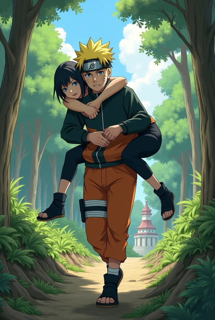 Naruto carrying Satsuki Uchiha on his back