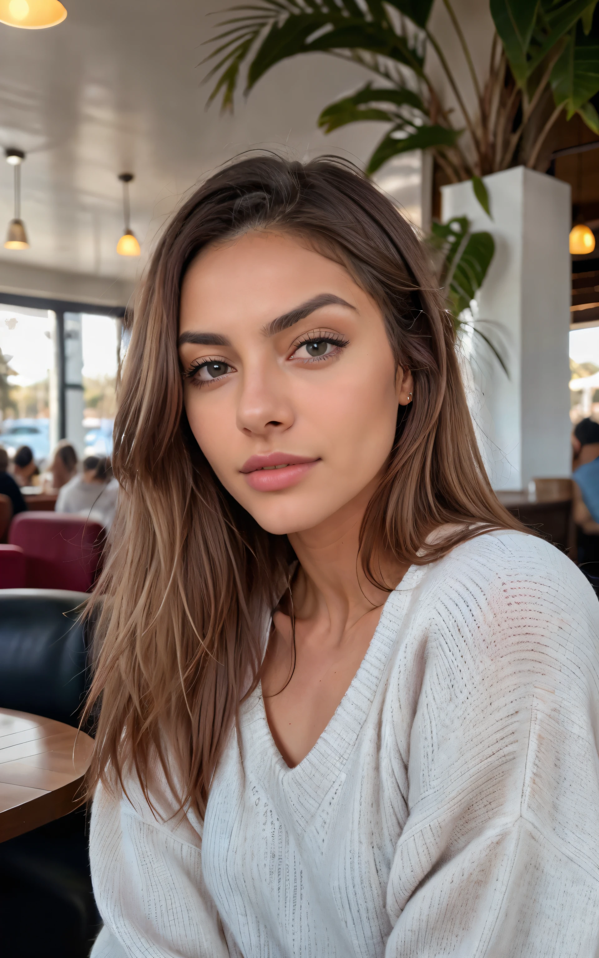 1 girl looking directly to camera, fun, in distance, very pretty, 23 years old, tanned, long curly hair, pink hair, dark brown eyes, fluffy eyebrows, lips, realistic, far away, hyper realistic, detailed skin, realistic eyes, best quality, masterpiece, ultra high res, (photorealistic:1.3), 8K, raw photo, 1girl, natural skin texture, wearing top in bar, natural skin texture, dynamic pose,curvy body, bluse, t-shirt, selfie, kissing pose, open mouth, showing tongue, light freckles