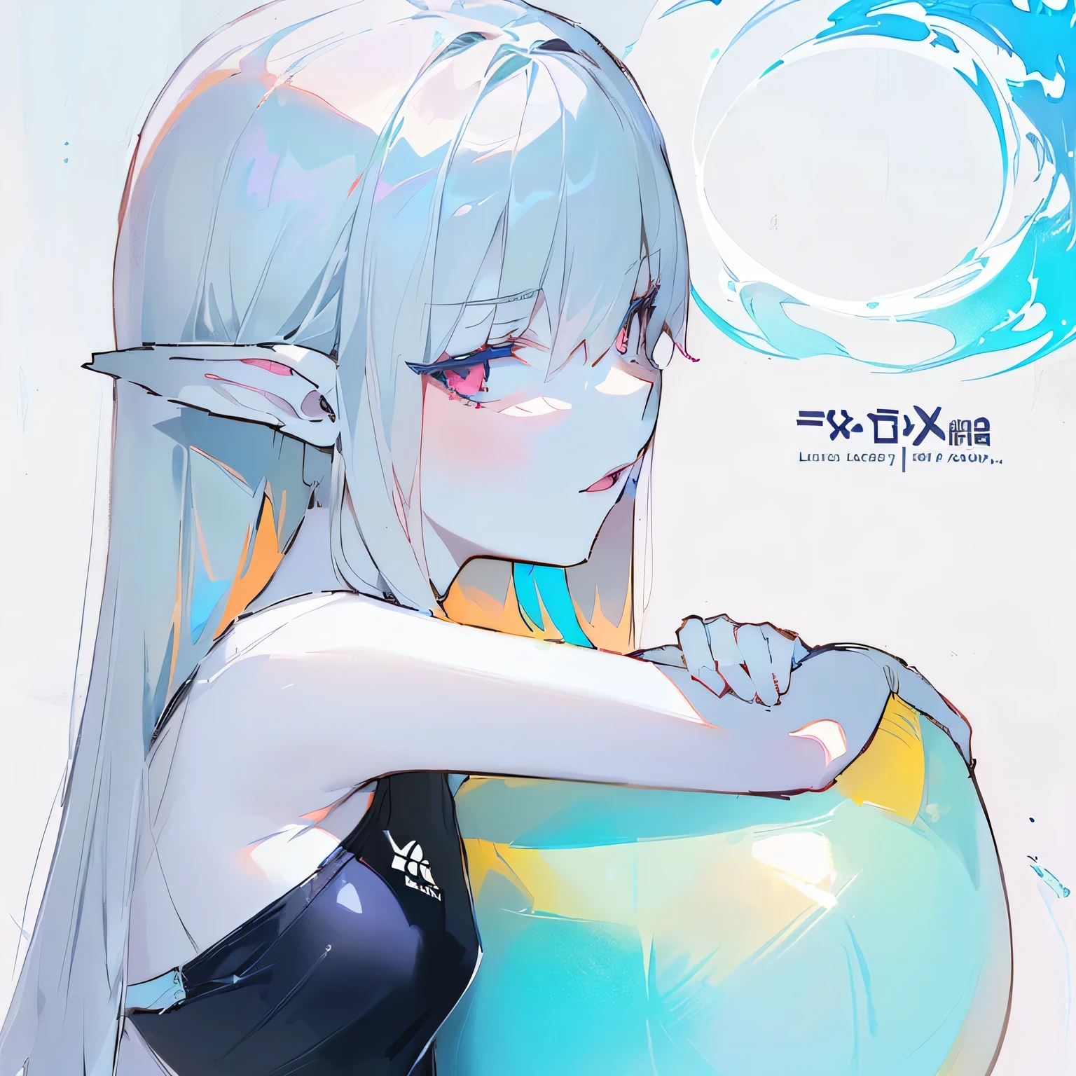 (best quality), (young girl, , pale skin), (slim build:1.3), illustration, 1 girl, swimsuit, Succubus, (long gray hair), art cover, artwork in the style of guweiz, (lolish), pixiv, Beach ball, Transparent background, ABG Remover