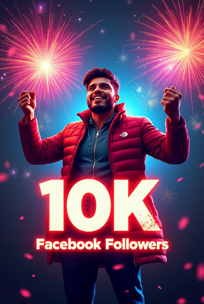 Create a poster which says 10K Facebook Followers with highlighting Arvind Mind voice in middle with fireworks
