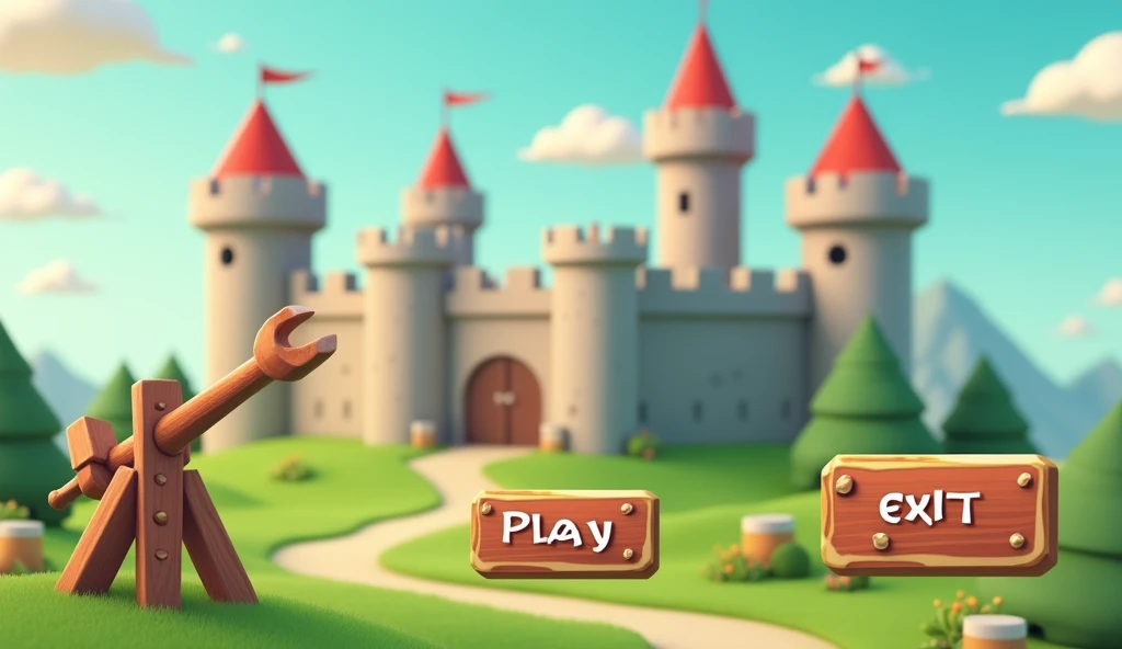 The user interface for the game is about a slingshot and the castles into which it throws projectiles. 3d shapes in low poly style. The buttons - Play, Exit, Settings - are in wooden colors with a metal frame.  A slingshot in the process of launching a projectile into the castle.