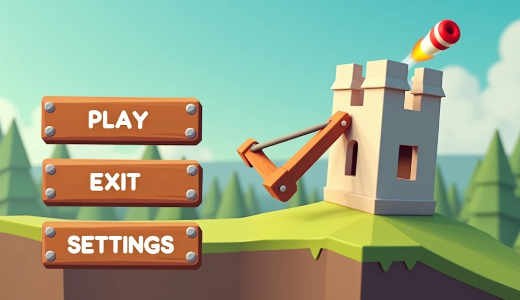 The user interface for the game is about a slingshot and the castles into which it throws projectiles. 3d shapes in low poly style. The buttons - Play, Exit, Settings - are in wooden colors with a metal frame. A slingshot in the process of launching a projectile into the castle.