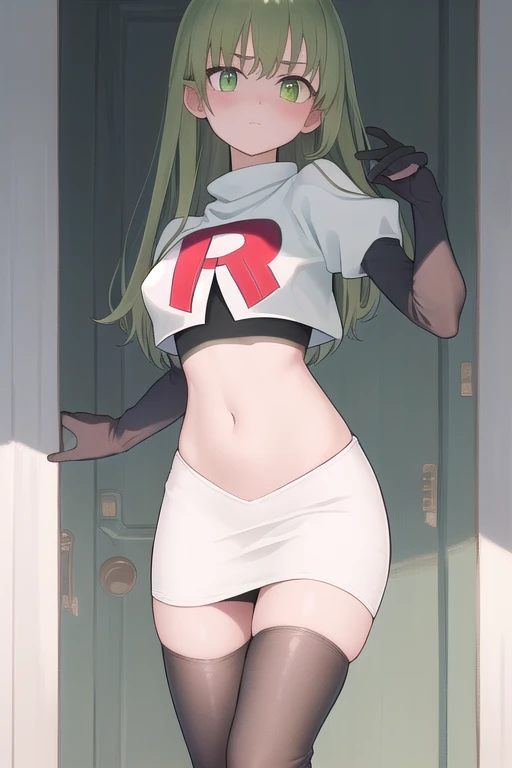 masterpiece, best quality, 1girl, solo, looking at viewer, blush, sitri, green eyes,green hair,team rocket,team rocket uniform,white skirt,red letter R,crop top,black thigh-highs,black elbow gloves