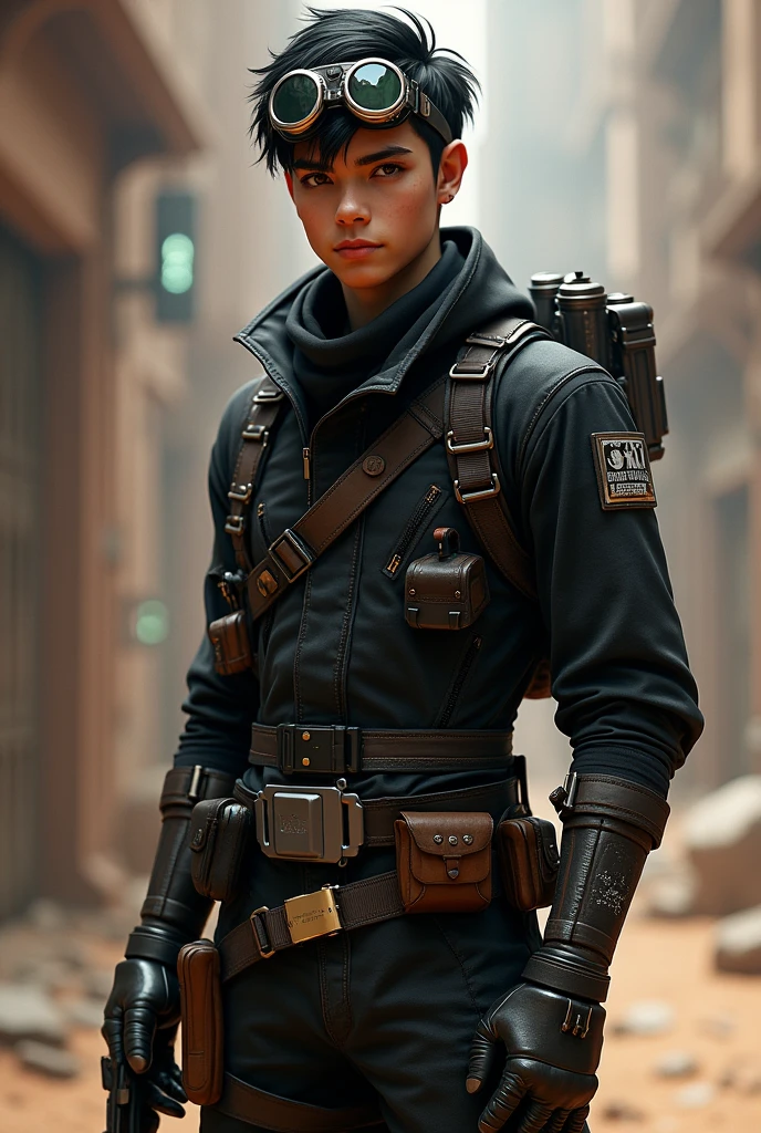 Star Wars, handsome, black tan skinned male, teenager, twink, 18, black hair, temp fade, bounty hunter outfit, goggles