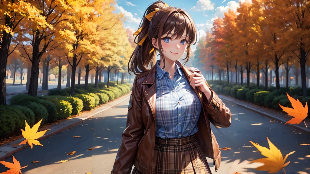 1girl, solo, trees, sun, clouds, autumn, colorful trees, falling leaves, ((brown hair)), ponytail, large breasts, ((brown leather jacket)), button down shirt, ((blue checked shirt)), ((unbuttoned shirt)), unbuttoning buttons, cleavage 1:3, blue eyes, long skirt, brown boots, smile, happy, looking at the viewer, walking, hair ribbon, golden necklate