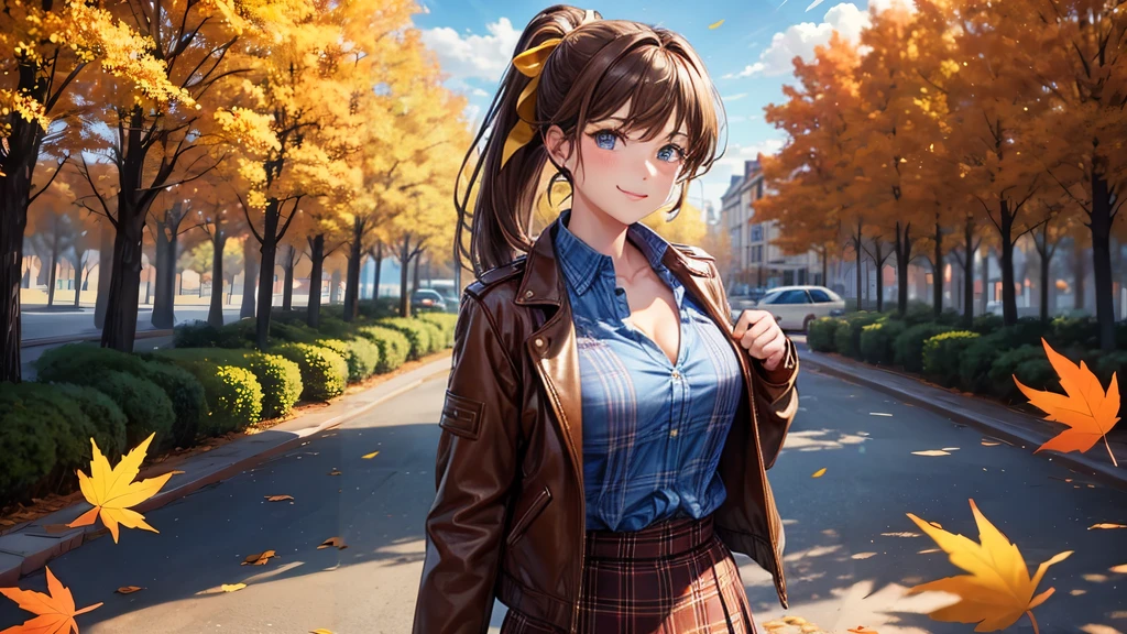 1girl, solo, trees, sun, clouds, autumn, colorful trees, falling leaves, ((brown hair)), ponytail, large breasts, ((brown leather jacket)), button down shirt, ((blue checked shirt)), ((unbuttoned shirt)), unbuttoning buttons, cleavage 1:3, blue eyes, long skirt, brown boots, smile, happy, looking at the viewer, walking, hair ribbon, golden necklate