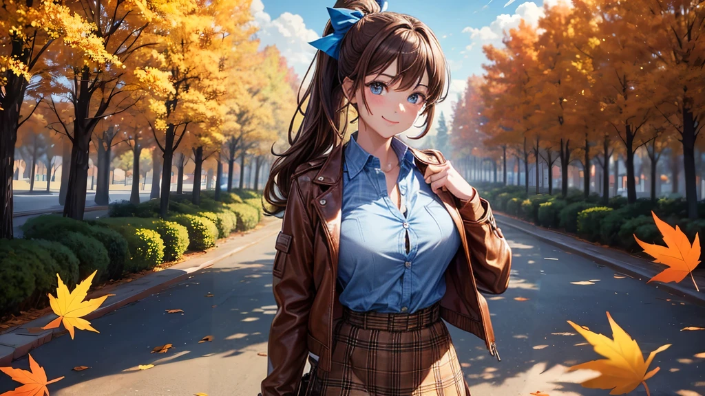1girl, solo, trees, sun, clouds, autumn, colorful trees, falling leaves, ((brown hair)), ponytail, large breasts, ((brown leather jacket)), button down shirt, ((blue checked shirt)), ((unbuttoned shirt)), unbuttoning buttons, cleavage 1:3, blue eyes, long skirt, brown boots, smile, happy, looking at the viewer, walking, hair ribbon, golden necklate