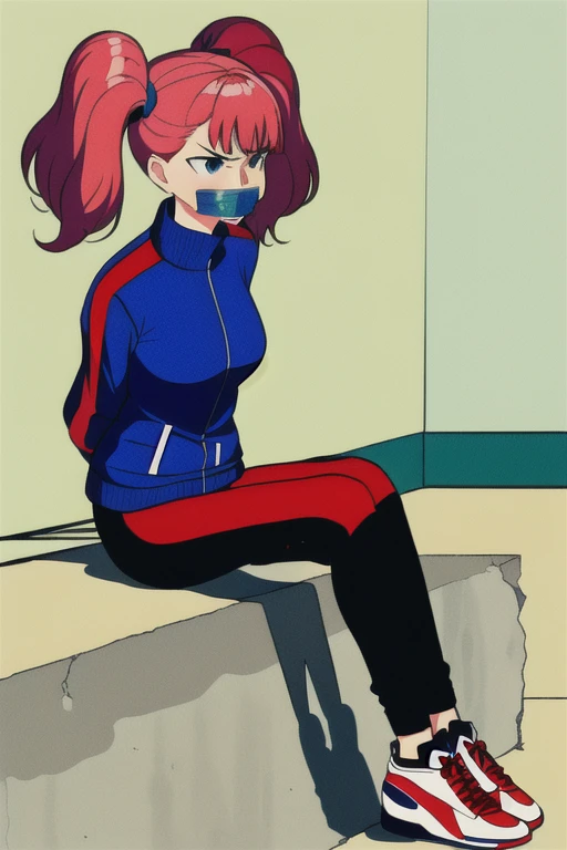 ((1 girl)), ((twin tails)), (sexy),  ((simple_background)), ((concrete floor, concrete wall)), ((underground room)), ((arms behind back)), ((scowl)), ((sitting on the knees)), ((tape gag)),  ((helpless)), ((calm)), ((struggling)), (blue tracksuit,tracksuit,tights pants, long black pants)